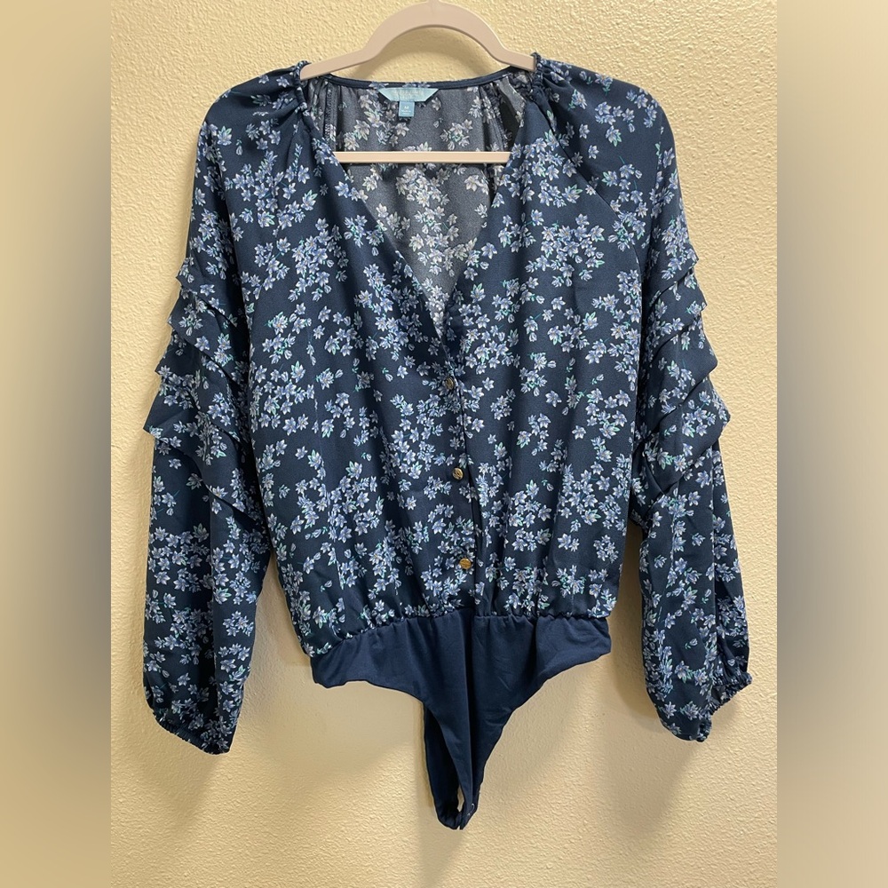 Draper James RSVP Floral Button Bodysuit Ruffle Sleeve Boho Prairie Medium